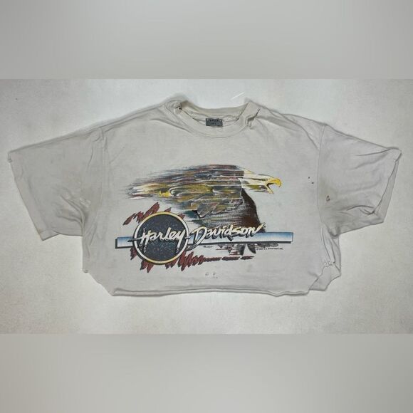 Bande NYC Vintage Harley Davidson 1990 Crop Trashed Graphic T-shirt Women Large - Picture 1 of 11